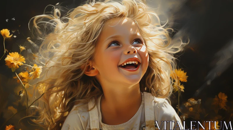 Joyful Little Girl Portrait with Flowers AI Image