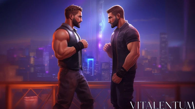 Muscular Men Boxing on Rooftop - Night Cityscape AI Image