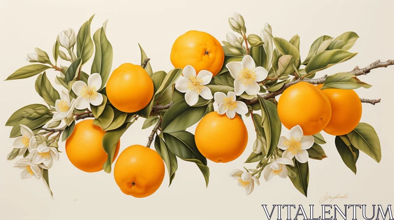 AI ART Orange Tree Branch with Ripe Fruits and White Flowers