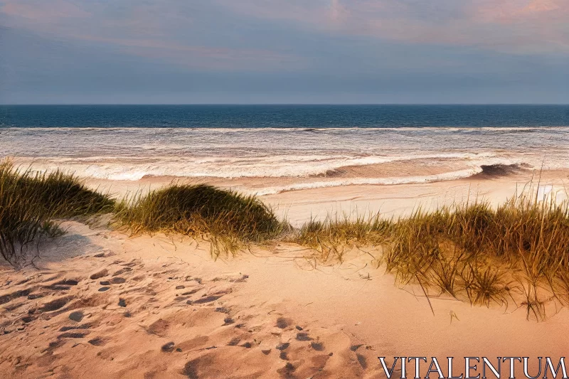 Serene Beach with Sand Dunes and Grass - Lively Coastal Landscapes AI Image