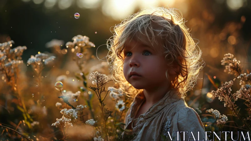 Serene Sunset Moment with Girl in Flower Field AI Image