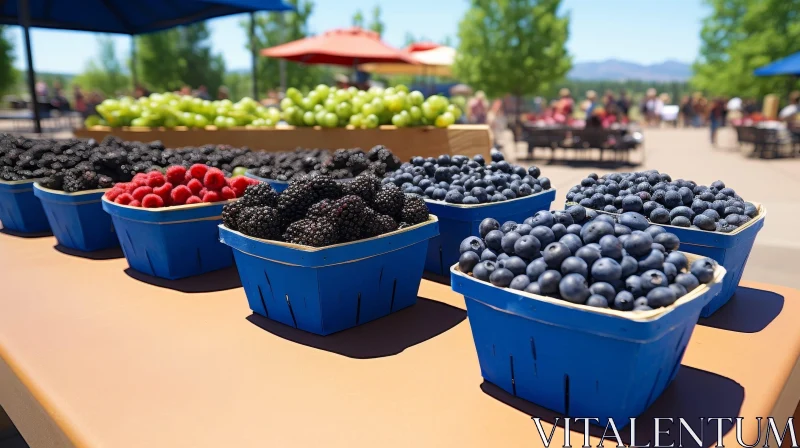 Blue Baskets of Berries on Wooden Table with Mountain View AI Image