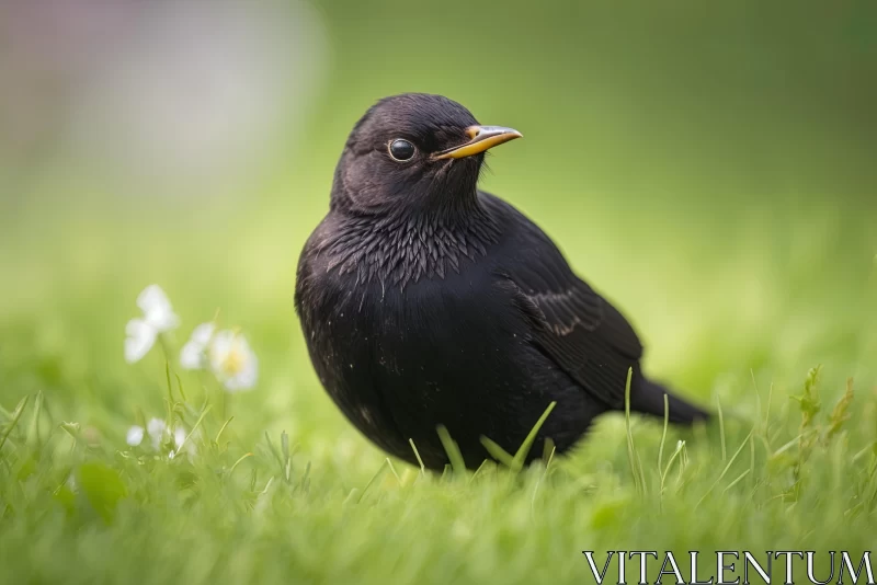 Captivating Image of a Small Black Bird in a Serene Field AI Image