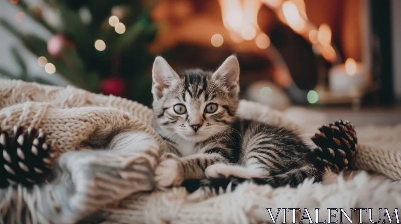 Cozy Christmas Kitten by the Fireplace AI Image