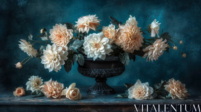 White and Cream Dahlia Flowers Still Life on Wooden Table AI Image