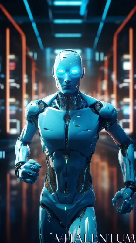 AI ART Blue Robot Sprinting in Futuristic Cityscape