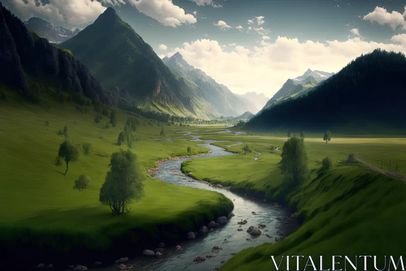 Breathtaking River and Mountains: Detailed Matte Painting AI Image