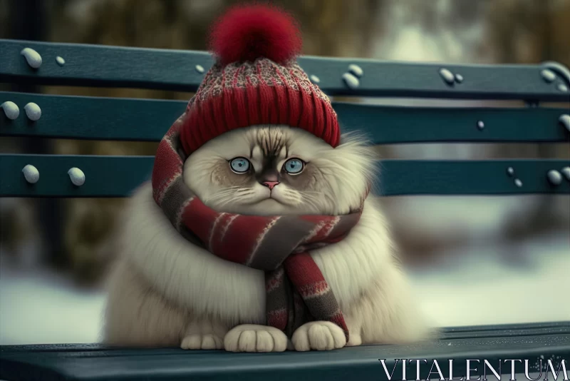 Captivating Image of a Cat in a Hat and Scarf on a Bench AI Image
