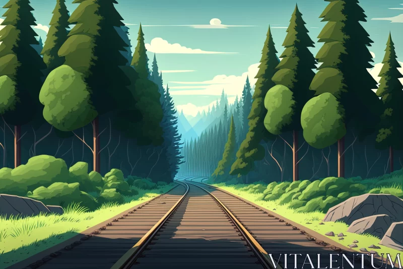 Cartoon Landscape: Train Tracks in the Forest AI Image