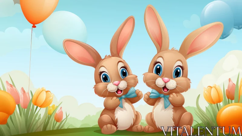Cartoon Rabbits in Flower Field - Easter Illustration AI Image