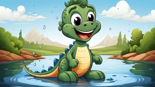 Cheerful Green Dinosaur in Lake - Cartoon Style