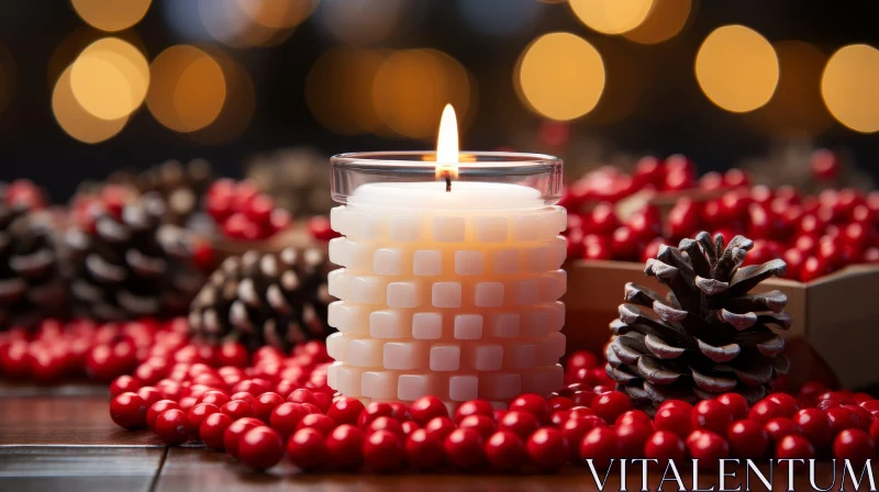 Festive Candle with Red Berries and Pine Cones AI Image