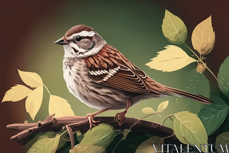 Intense Color Illustration of a Sparrow and Leaves | Dark White and Dark Brown AI Image