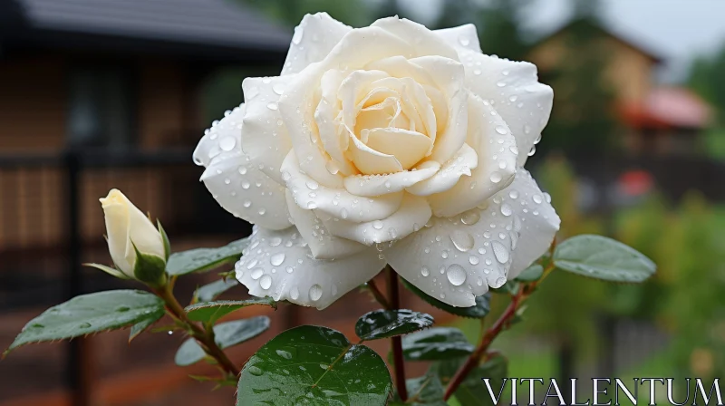 White Rose Close-up with Glistening Water Droplets AI Image