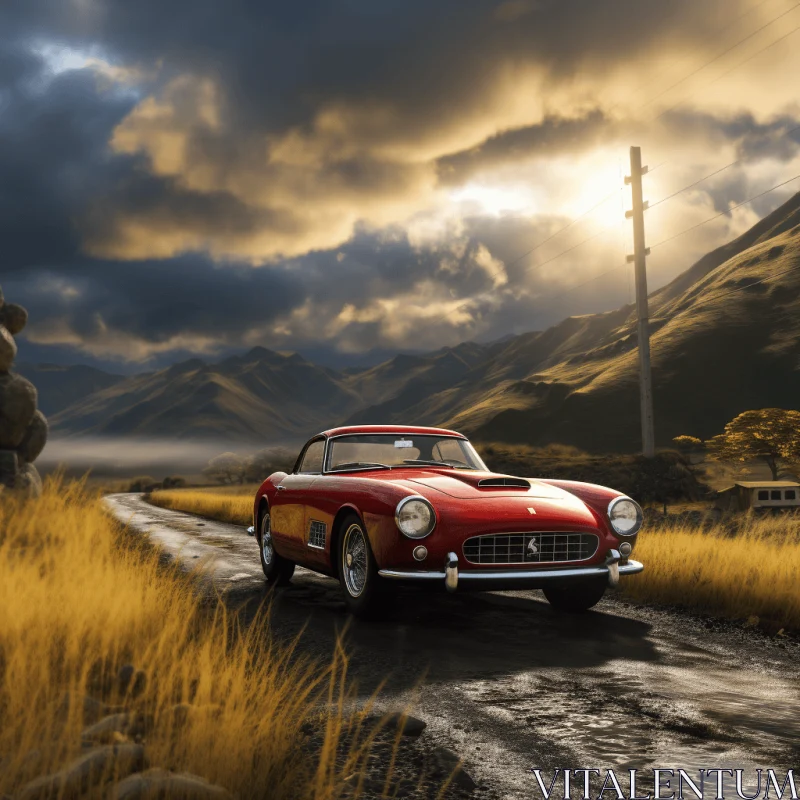 Classic Ferrari GT on Road Near Grassy Hill | Golden Age Illustrations AI Image