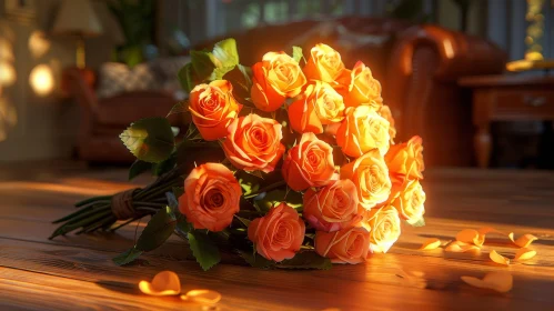 Orange Roses Bouquet on Wooden Table