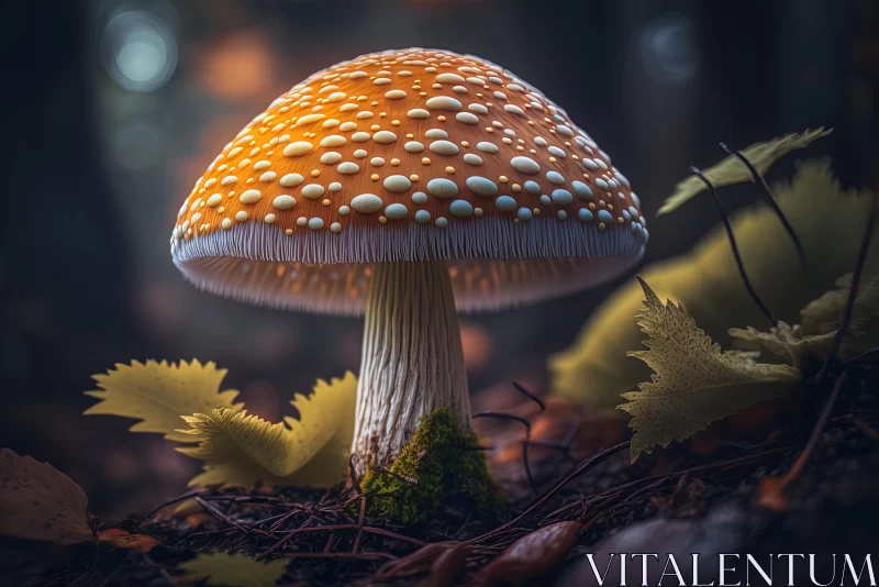 AI ART Orange Speckled Mushroom in Wood - Detailed Foliage, Volumetric Lighting