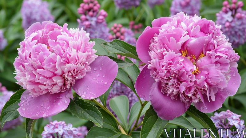 AI ART Pink Peony Flowers with Raindrops - Nature's Beauty Captured