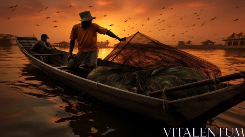 Serene Sunset Scene: Fishermen in Wooden Boat on Lake AI Image