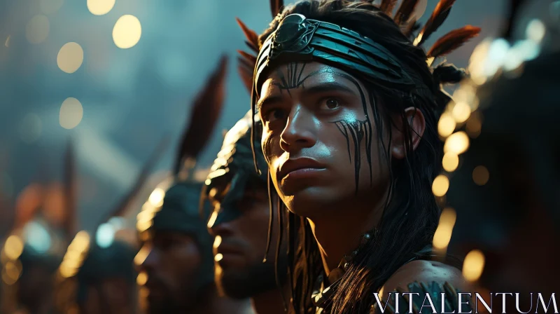 Serious Young Native American in Traditional Attire AI Image