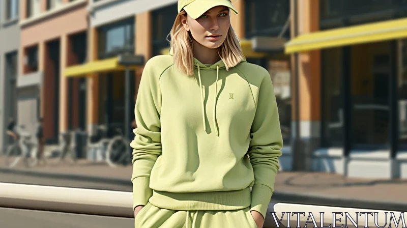 AI ART Serious Young Woman in Green Hoodie and Yellow Cap
