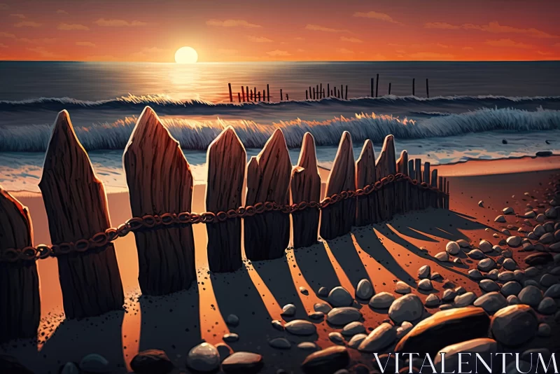 Wooden Fence on the Beach - Detailed Illustration in 2D Game Art Style AI Image