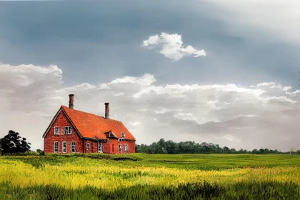 Captivating Red Building on a Grassy Field - Painterly Style