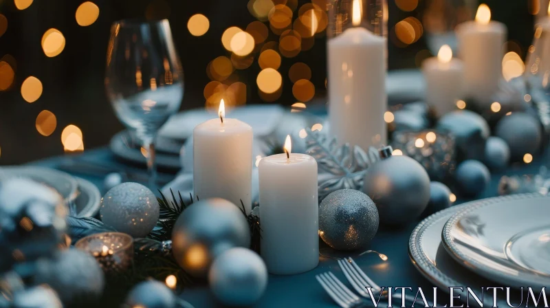 Elegant Christmas Table Setting with Candles and Wine AI Image