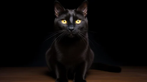 Enigmatic Black Cat on Wooden Table