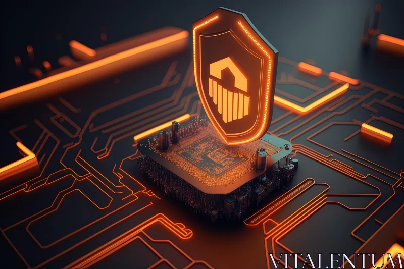 Hyper-Realistic Urban Art: Silicon Chip with Digital Shield and Orange Lights AI Image