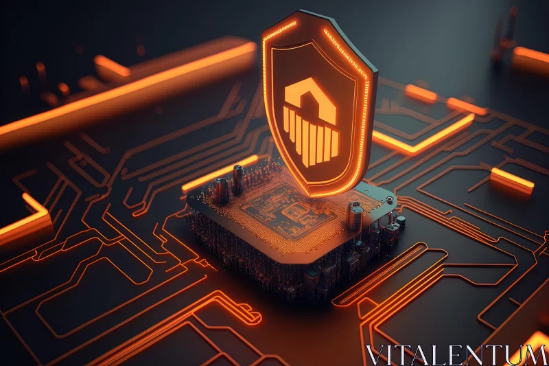 Hyper-Realistic Urban Art: Silicon Chip with Digital Shield and Orange Lights