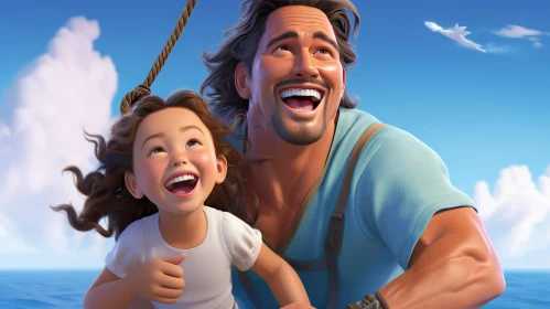 Joyful Cartoon: Man and Girl on Boat in Ocean