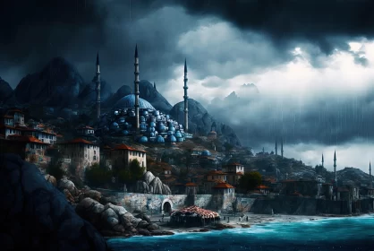 Stormy City: Ottoman Art Inspired Hyperrealistic Fantasy