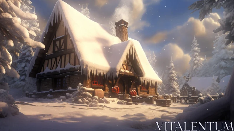 Winter Landscape with Snow-Covered House AI Image