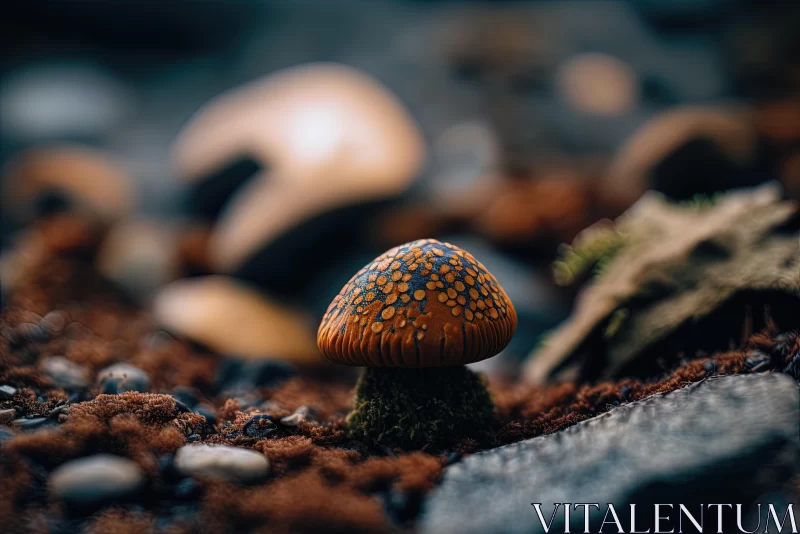 AI ART Blue Spotted and Orange Mushroom on Rocks and Stones | Nature-Inspired Installation