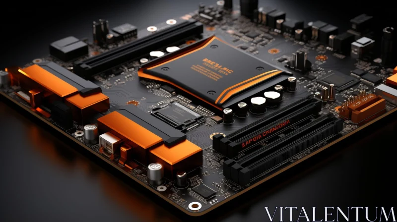 AI ART Computer Motherboard Close-Up: Black and Orange Electronics