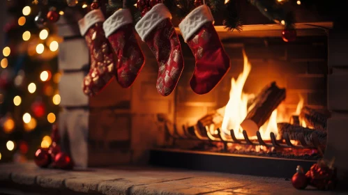 Festive Christmas Fireplace Scene with Stockings and Tree