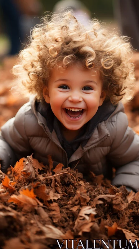 Joyful Toddler Boy Portrait in Autumn Leaves AI Image