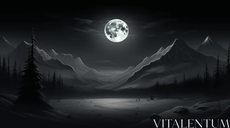 Moonlit Winter Scene with Silhouettes AI Image
