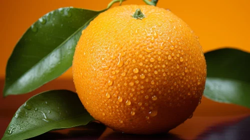 Ripe Juicy Orange with Green Leaves Close-up