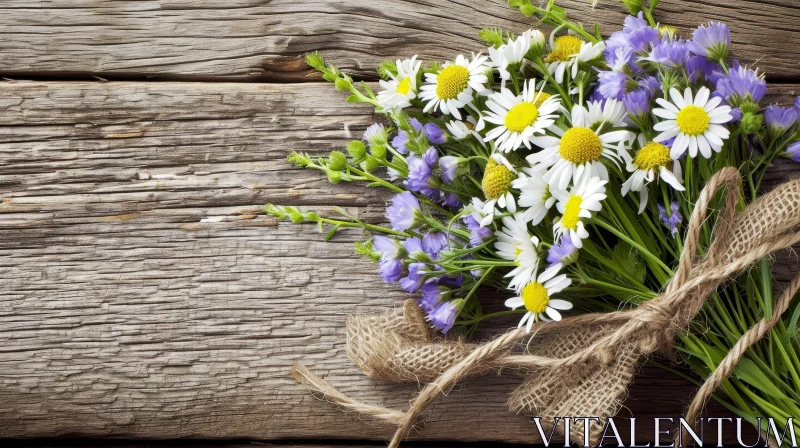 Rustic Bouquet of Daisies and Wildflowers on Wooden Background AI Image