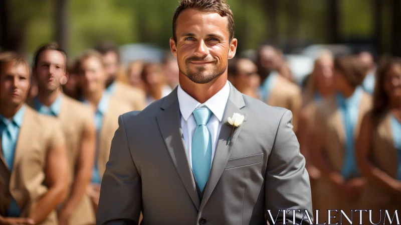 Young Man in Gray Suit at Wedding AI Image