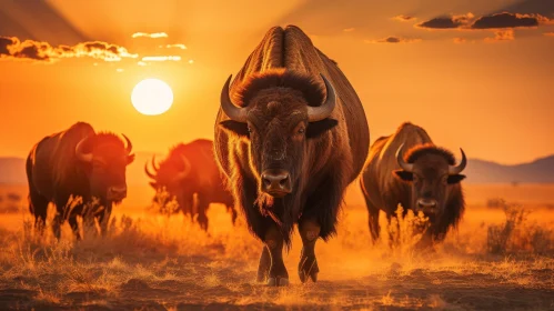 Bison Herd in Sunset Field - Nature Landscape Art