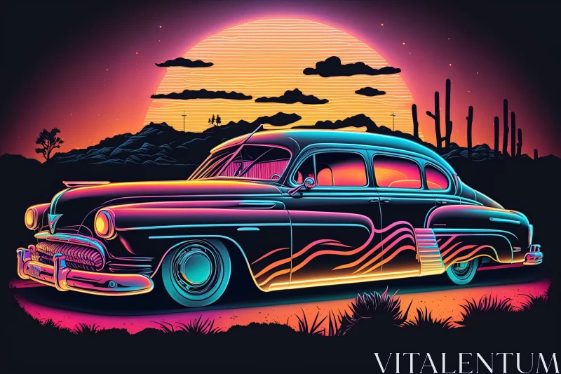 Captivating Classic Car on Desert Background at Sunset | Psychedelic Neon Design AI Image