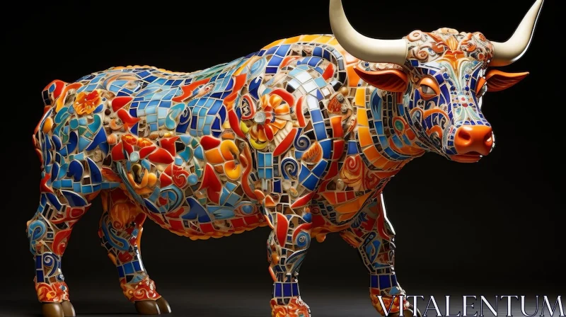 AI ART Colorful Bull Mosaic Sculpture - Intricate Ceramic Artwork