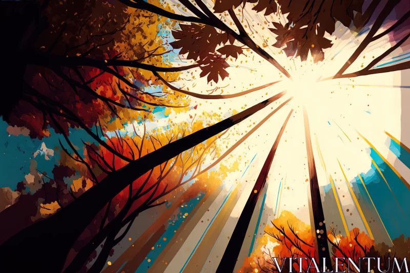 Enchanting Autumn Forest Illustration with Vibrant Leaves and Shining Sun AI Image