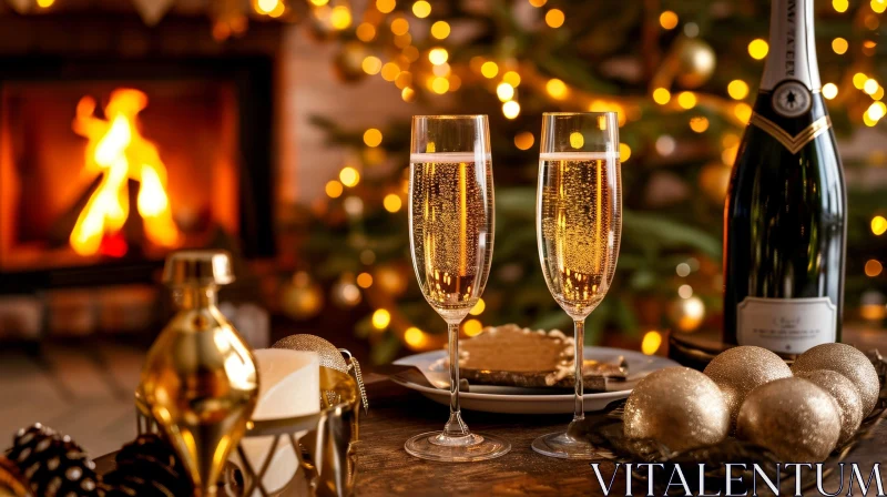 AI ART Festive Christmas Scene with Champagne Glasses and Fireplace