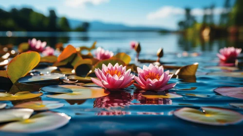 Pink Water Lilies in Bloom - Serene Pond Beauty
