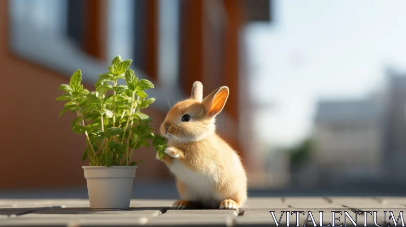 Brown Rabbit by Potted Plant in City Street AI Image