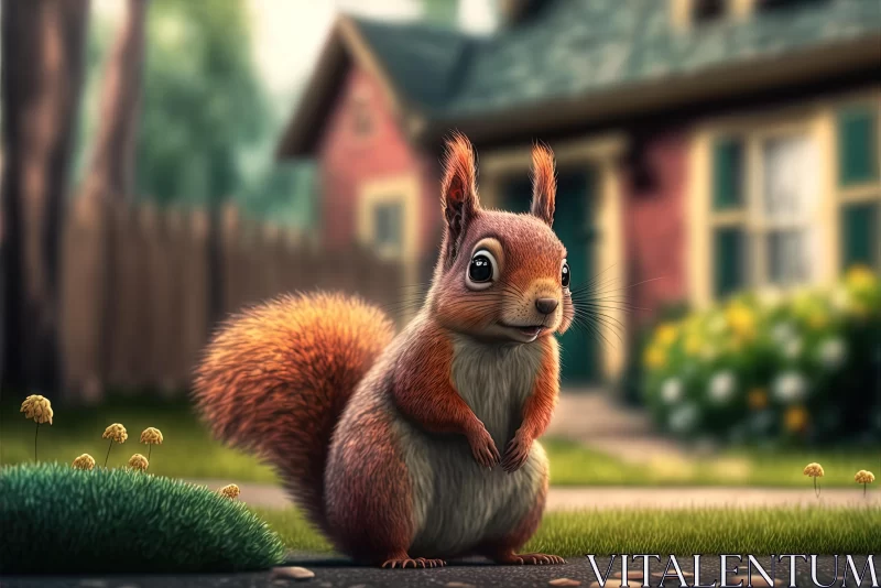 Charming Cartoon Squirrel Standing in Front of a House - Realistic Illustration AI Image